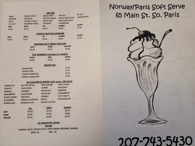 Norway Soft Serve menu — mix-ins, The Norway sundae, ice cream pies and more